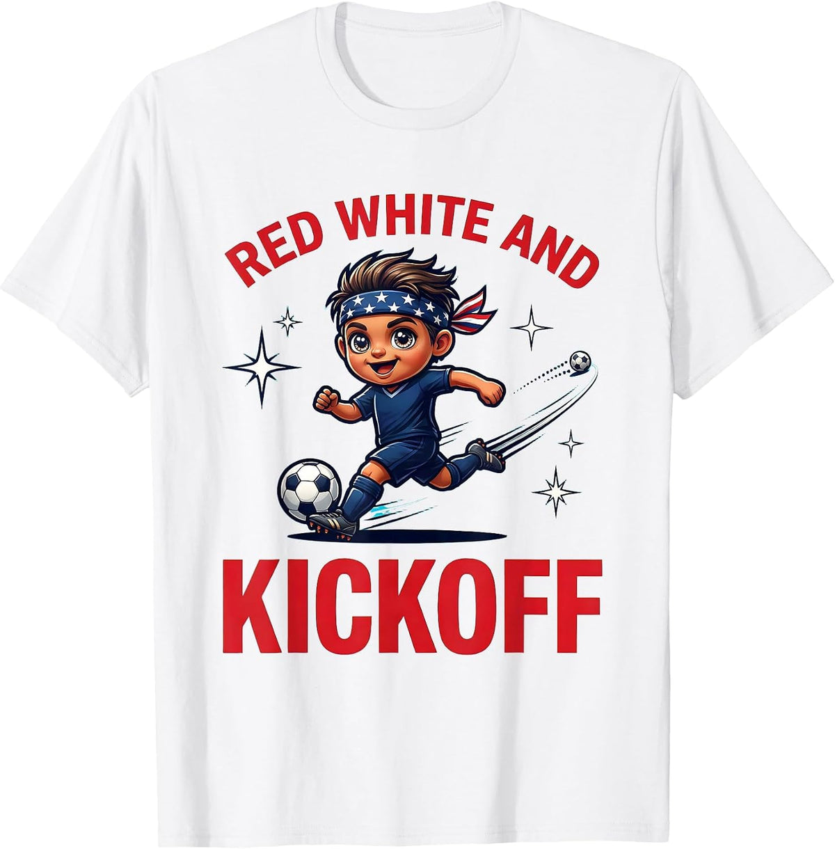 Men's RED WHITE AND KICKOFF Cartoon Soccer Player Labor Day T-Shirt - White