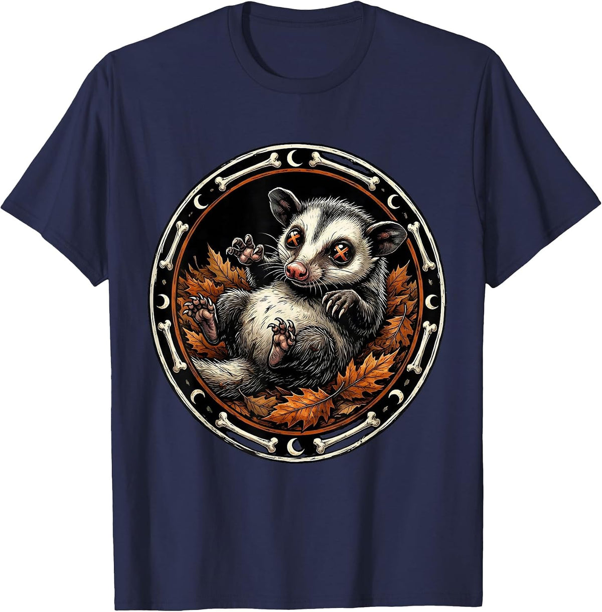 Opossum Playing Dead in Autumn Fallen Leaves T-Shirt - Navy Blue