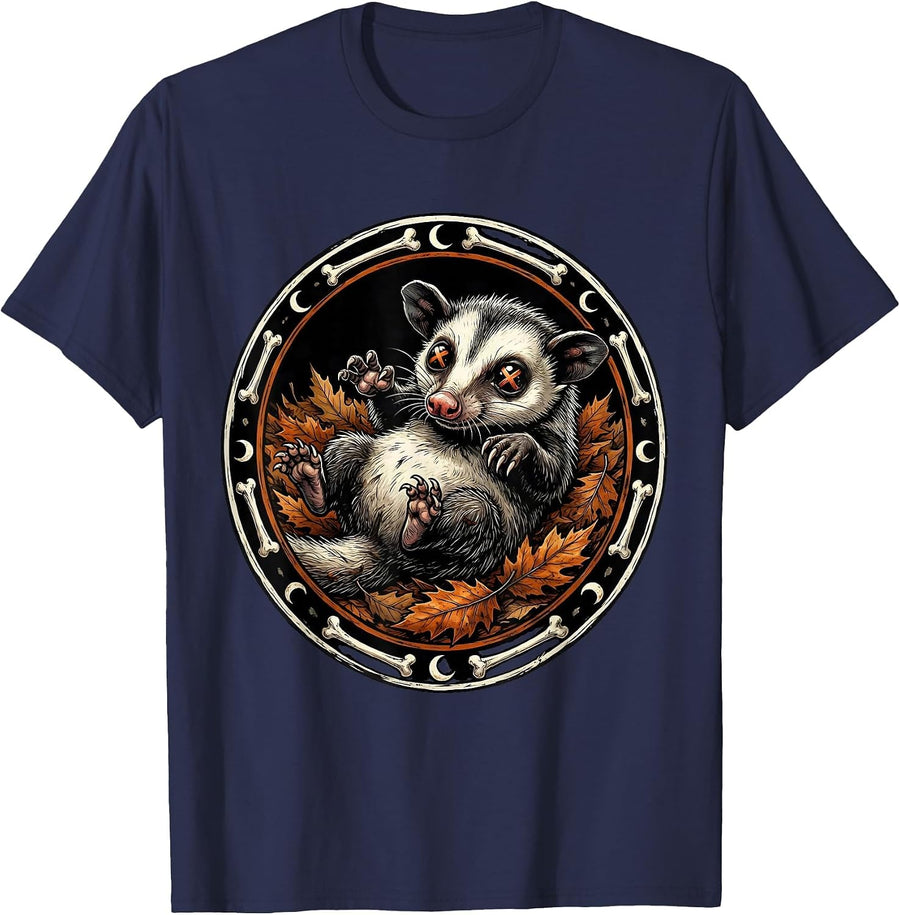 Opossum Playing Dead in Autumn Fallen Leaves T-Shirt - Navy Blue