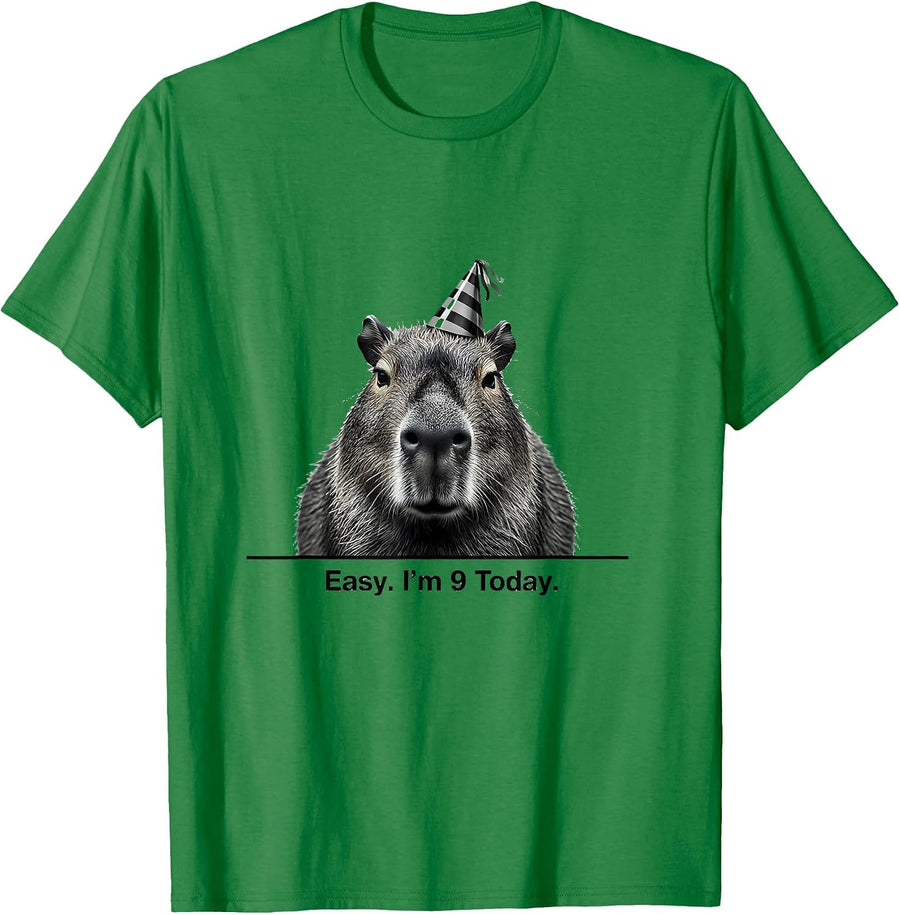 Men's Easy. I'm 9 Today Minimalist Capybara Kids Birthday Party T-Shirt - Kelly Green