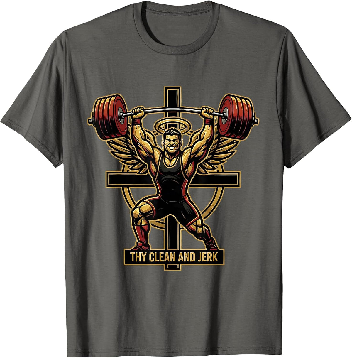 Men's Thy Clean And Jerk Funny Christian Gym Weightlifter Mascot T-Shirt - Asphalt Grey