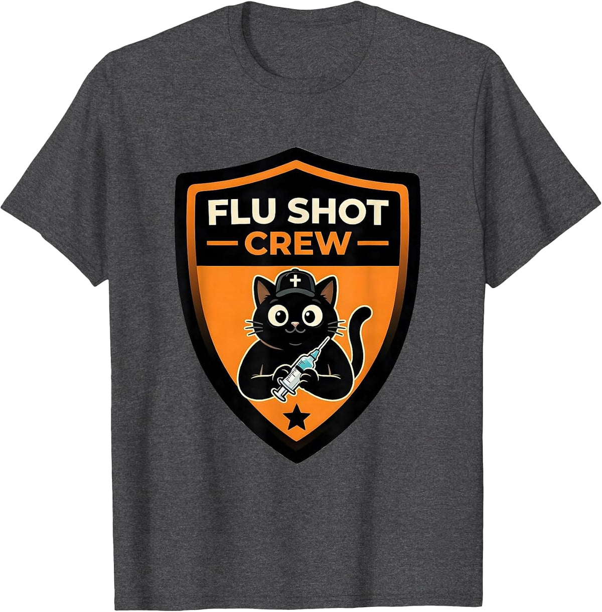 Flu Shot Crew Black Cat Halloween Nurse Flu Shot Humor T-Shirt - Dark Heather Grey
