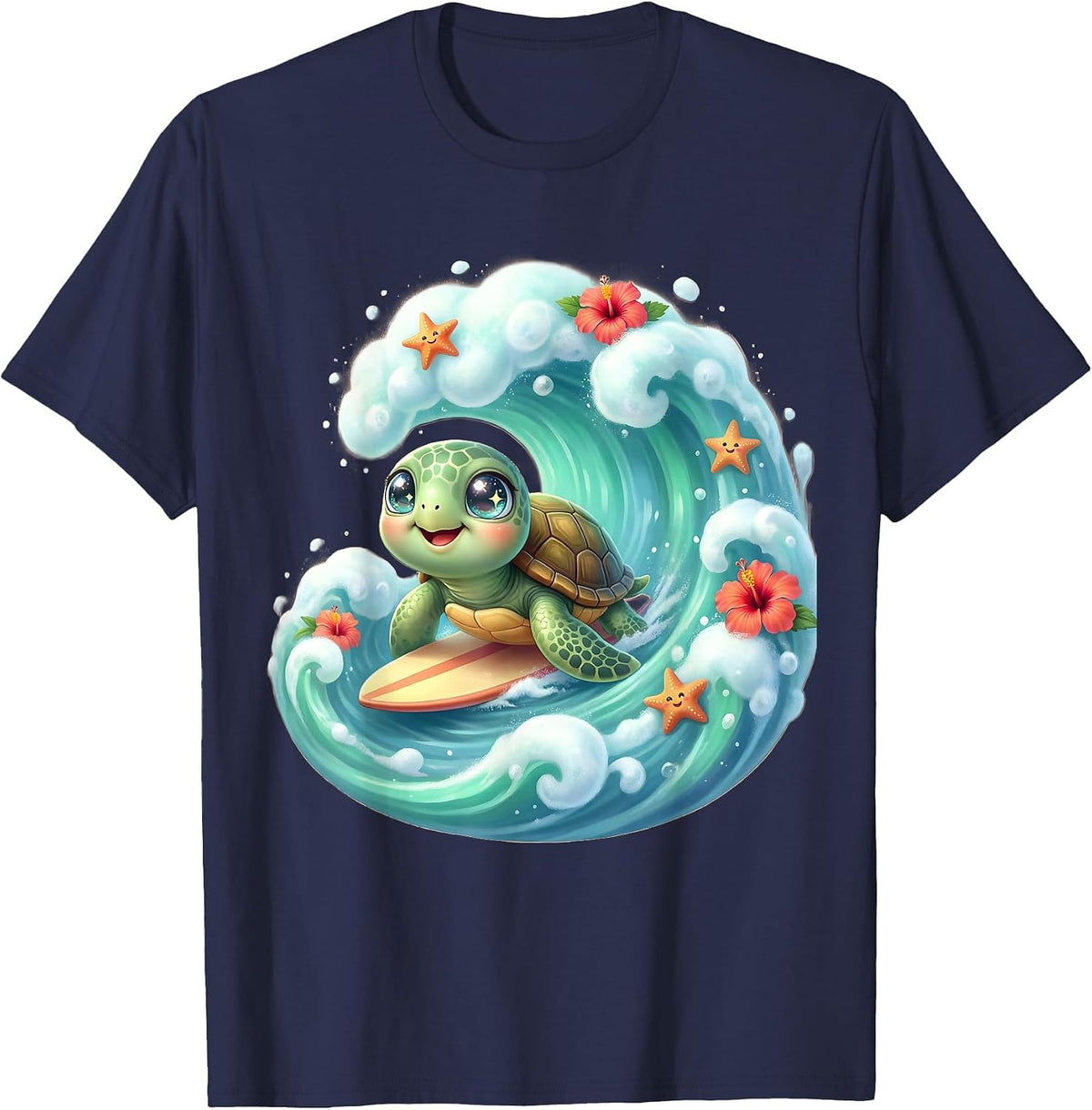 Baby Sea Turtle Surfing Wave Kids Hawaiian T-Shirt - Navy Blue