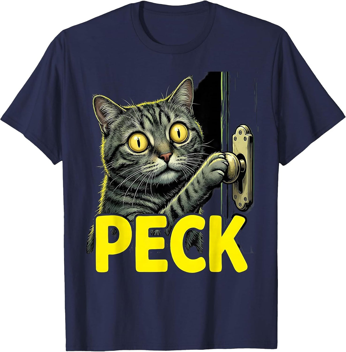 Men's Peck Cartoon Gray Tabby Cat Halloween Horror Parody Humor T-Shirt - Navy Blue