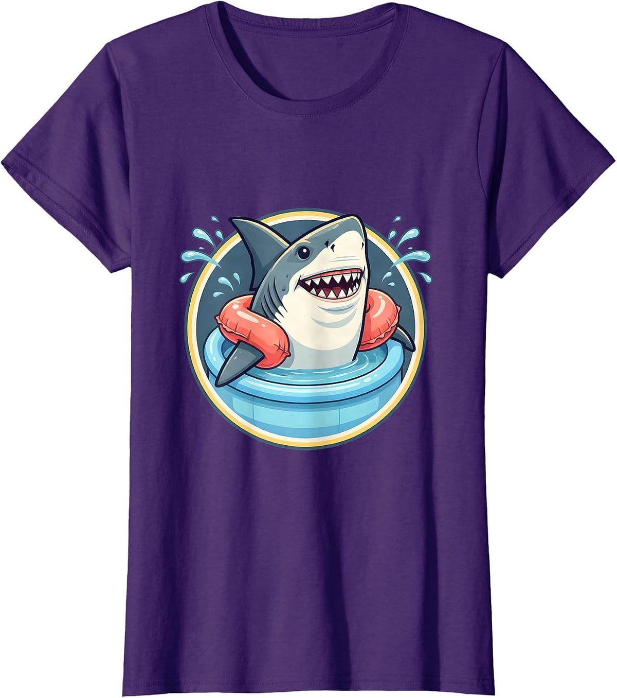 Women's Shark In Floaties Kiddie Pool Funny Illustration T-Shirt - Purple
