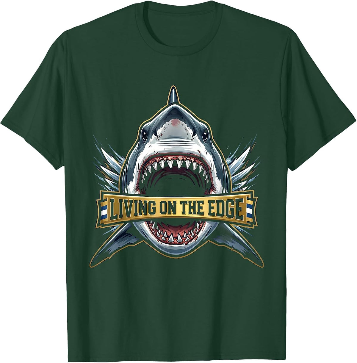 Living on the Edge Bold Shark Graphic Design T-Shirt - Dark Green