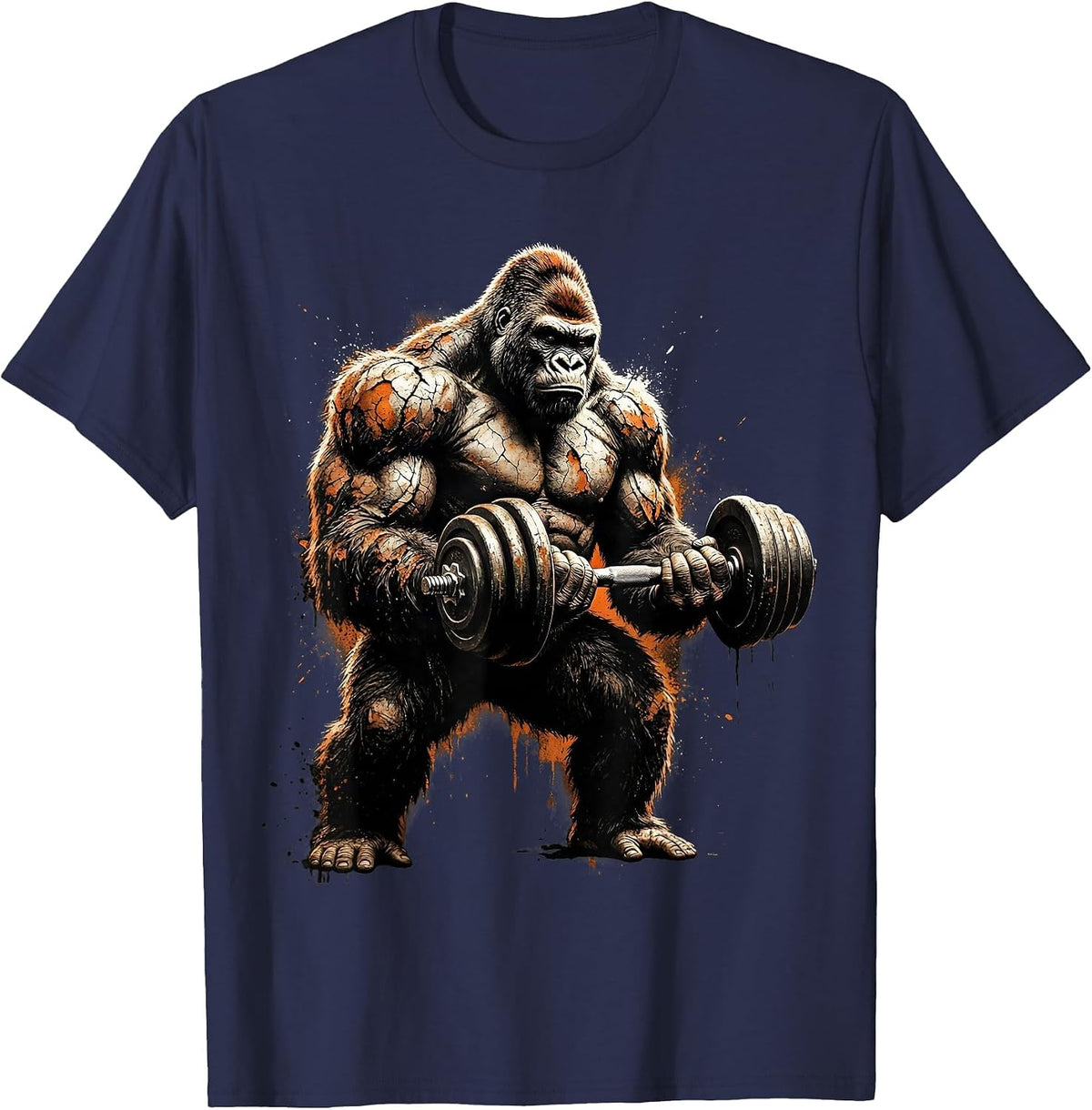 Gorilla Dumbbell Curls Gym Workout Graphic T-Shirt - Navy Blue