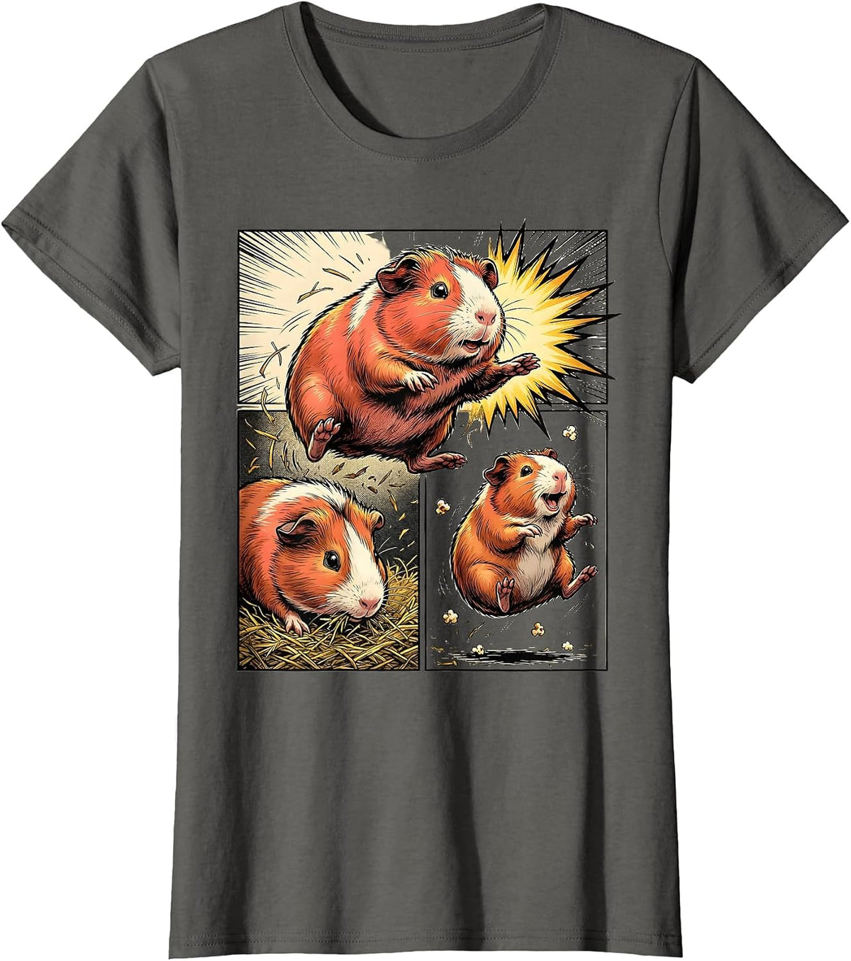 Women's Guinea Pig Comic Book Hero Leap Cavy Lover Humor T-Shirt - Asphalt Grey