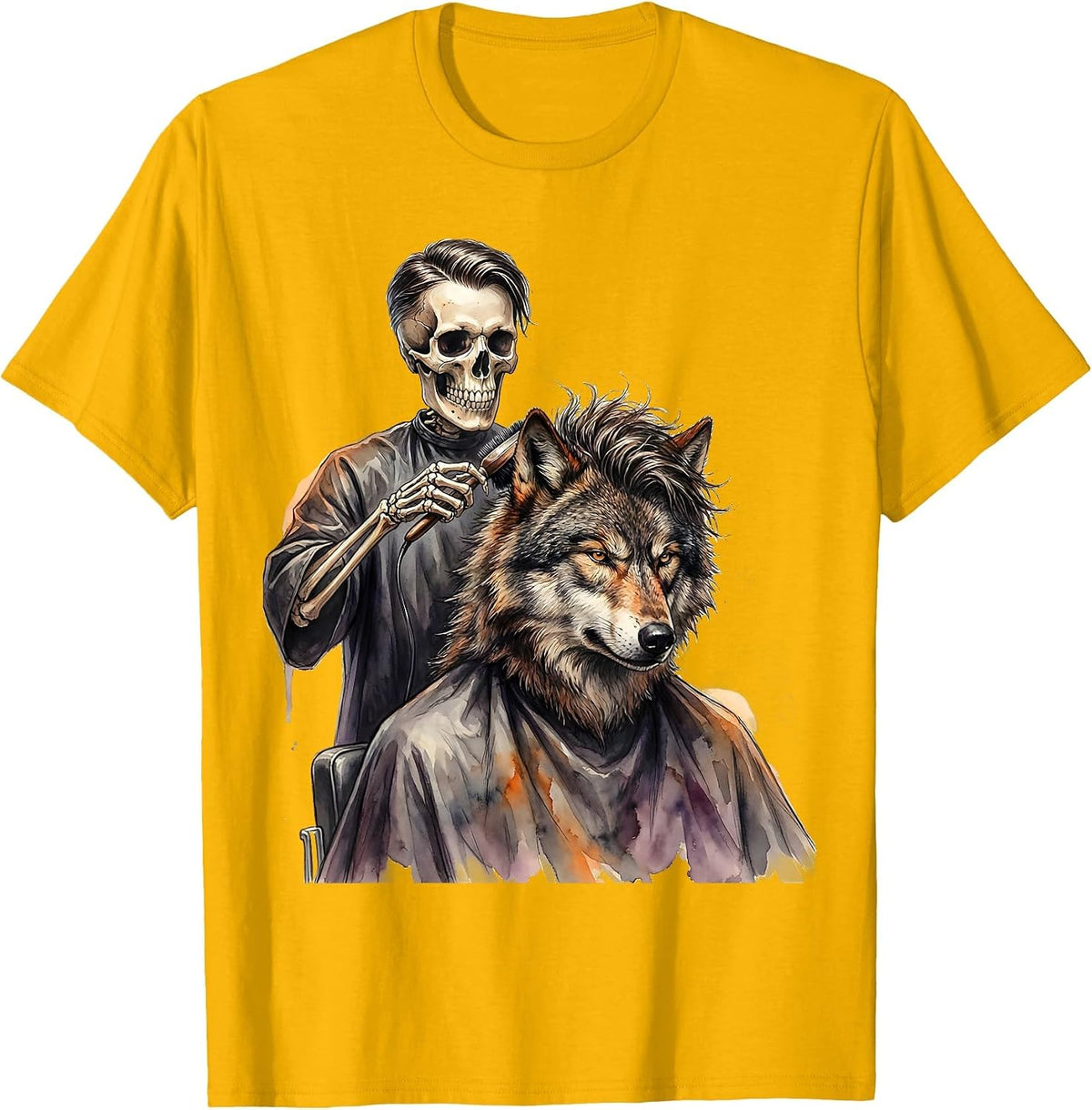 Men's Watercolor Skeleton Stylist Halloween Hair Stylist Humor T-Shirt - Golden Yellow