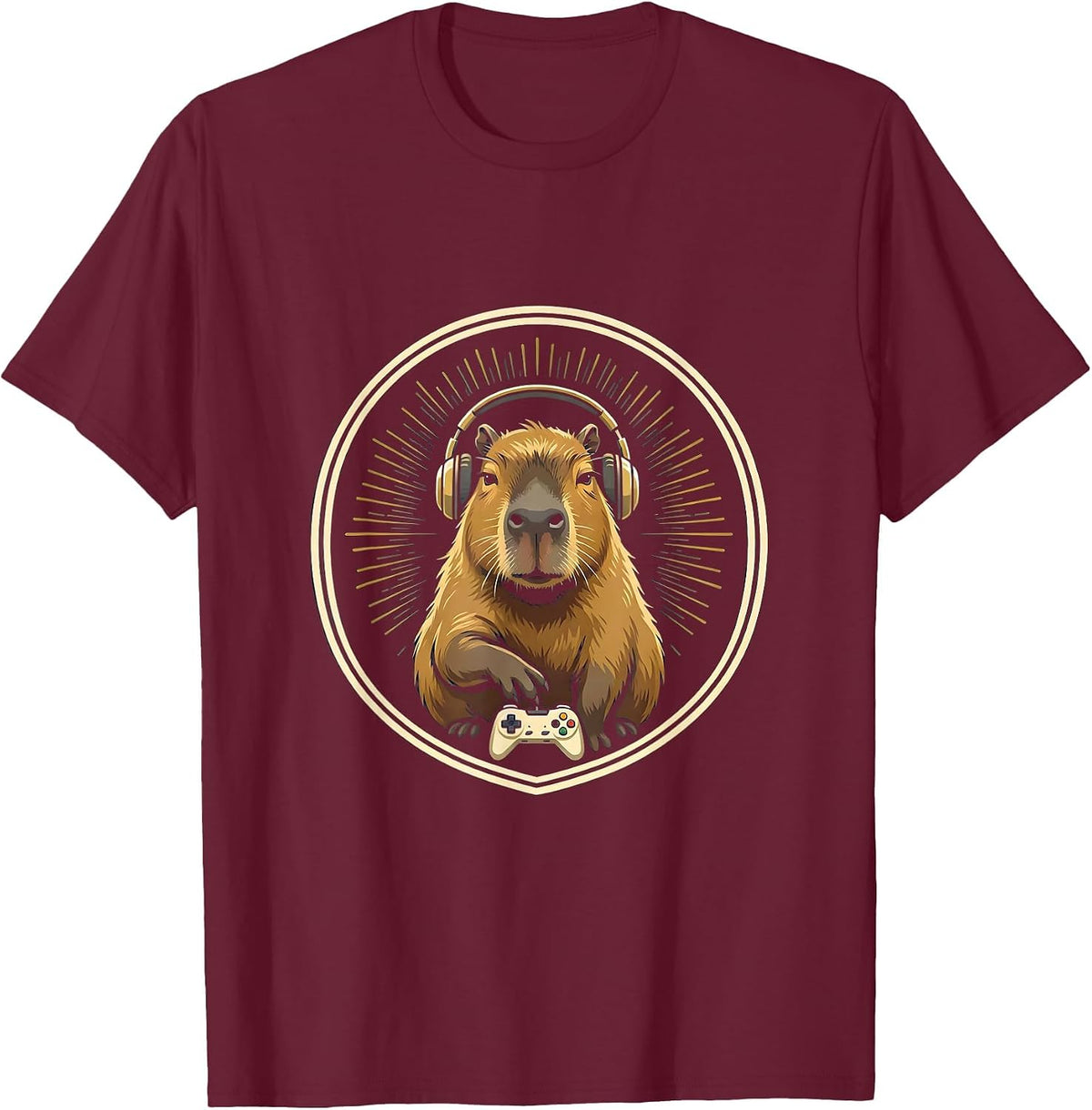 Men's Capybara Gamer Emblem Retro Meme Lover T-Shirt - Burgundy