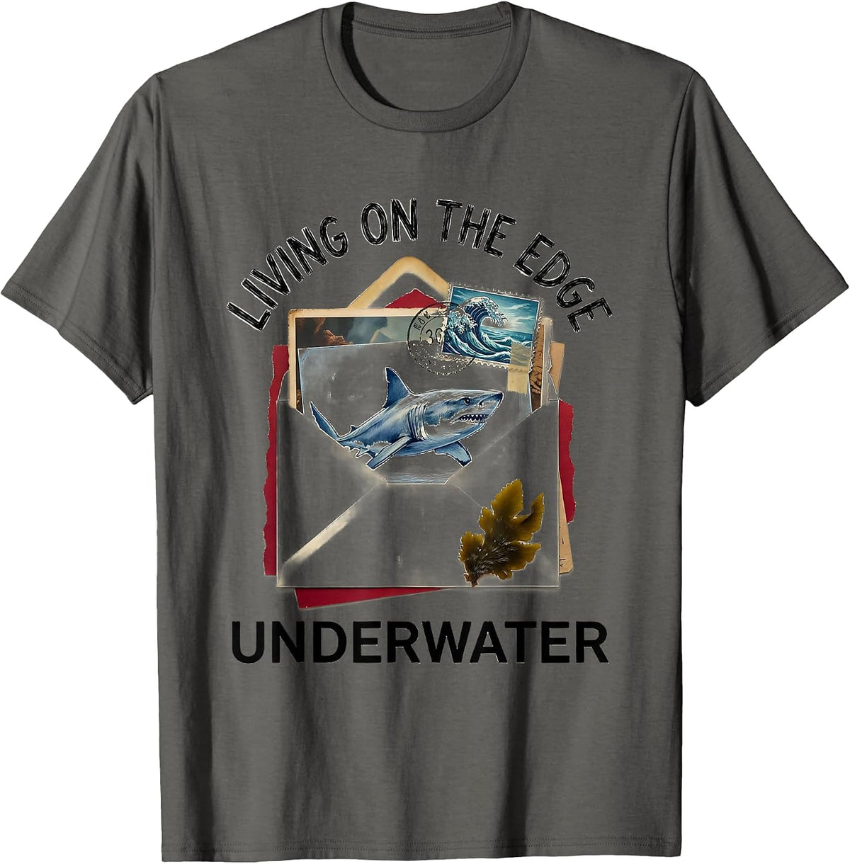Living On The Edge Underwater Shark Design T-Shirt - Asphalt Grey