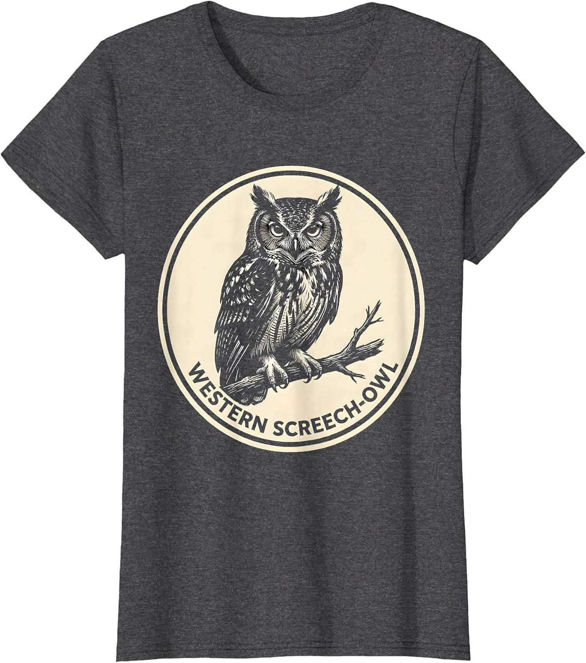 Women's Western Screech-Owl Scratchboard Owl Lover Birdwatcher T-Shirt - Dark Heather Grey