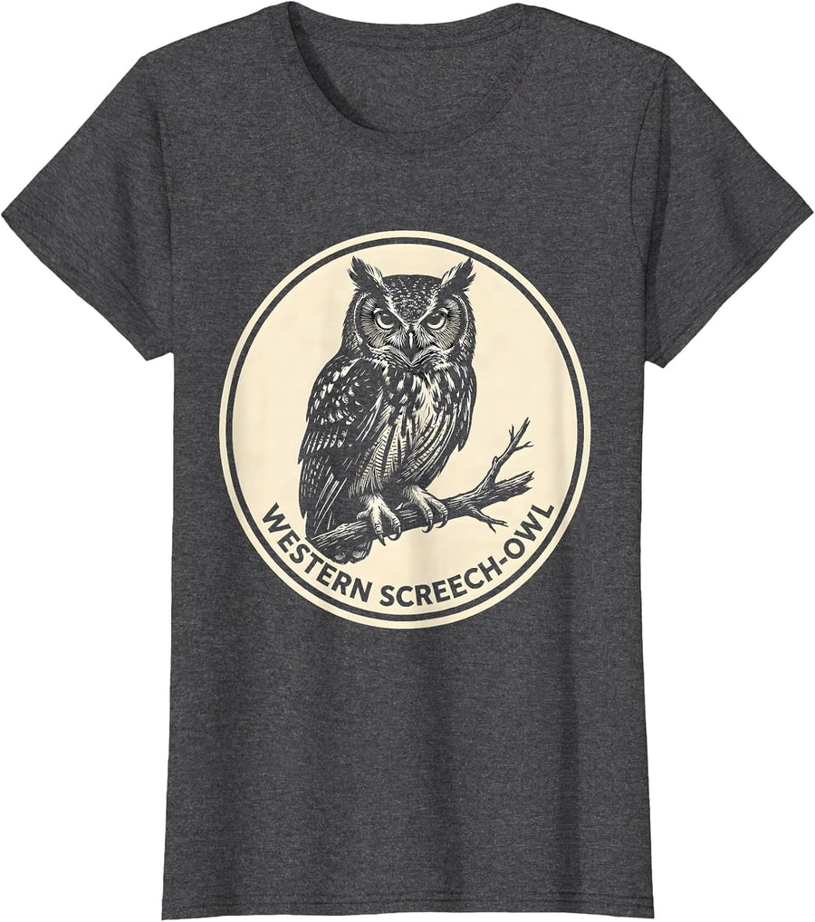 Women's Western Screech-Owl Scratchboard Owl Lover Birdwatcher T-Shirt - Dark Heather Grey