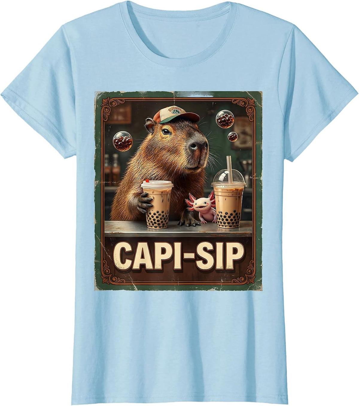 Capi-Sip Vintage Kawaii Capybara Boba Tea Anime Humor T-Shirt - Baby Blue