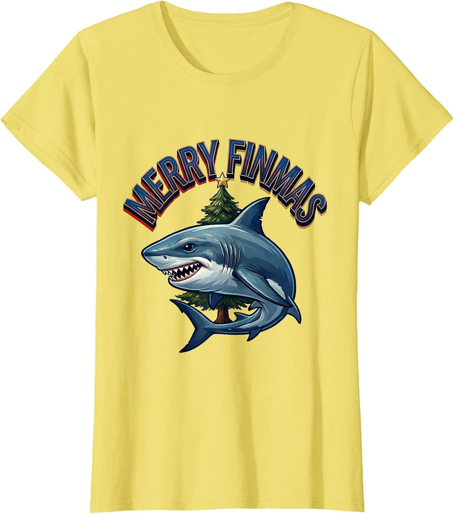 Merry Finmas Funny Shark Christmas Pun Novelty T-Shirt - Lemon Yellow