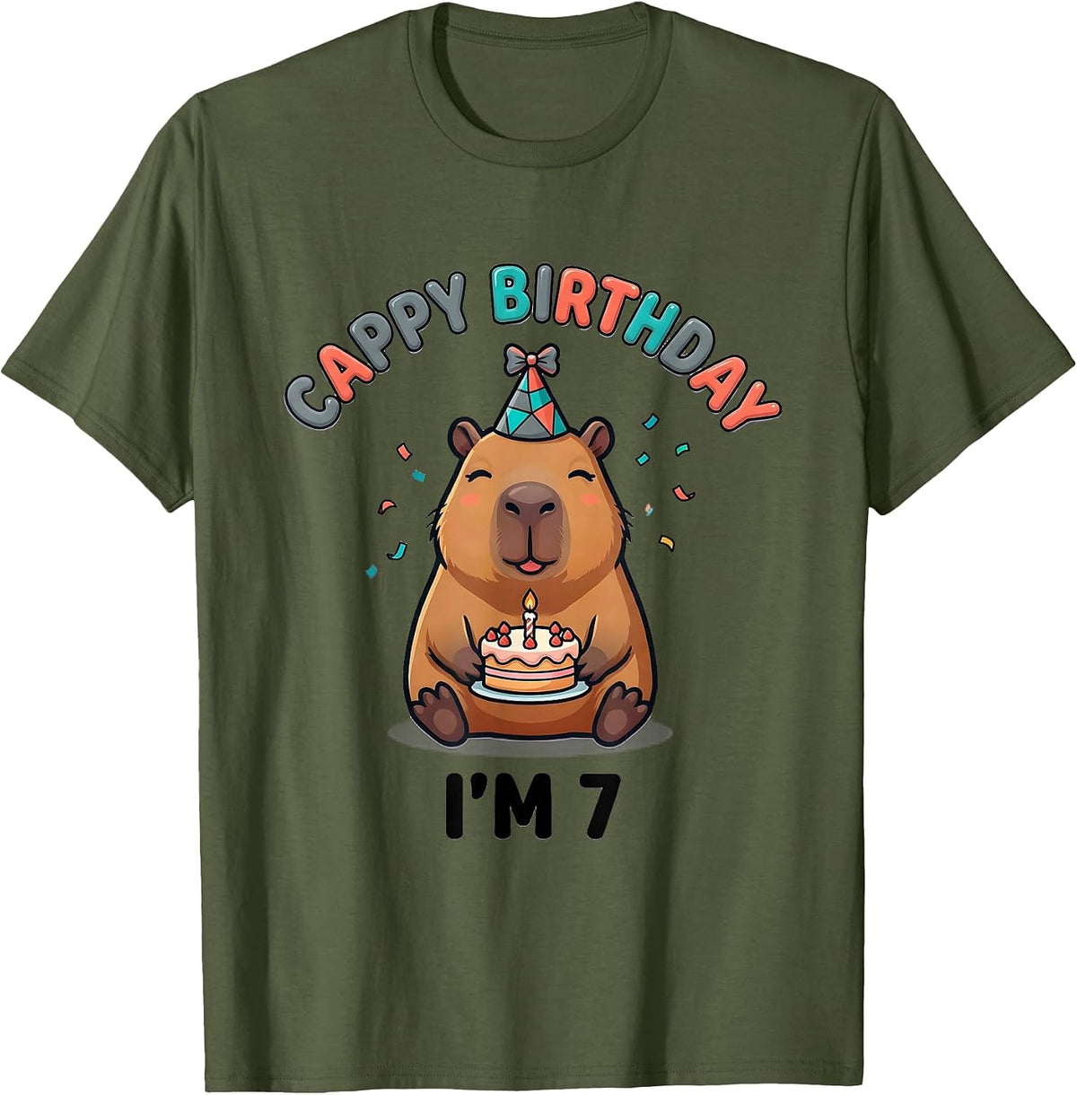 Men's Cappy Birthday I'm 7 Cute Kawaii Capybara Birthday Gift T-Shirt - Olive Green