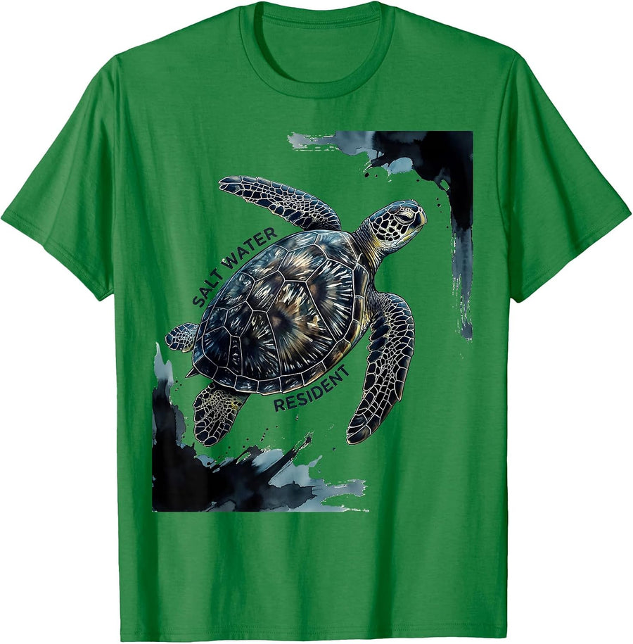 Men's Salt Water Resident Ink Brush Sea Turtle Tropical Souvenir T-Shirt - Kelly Green
