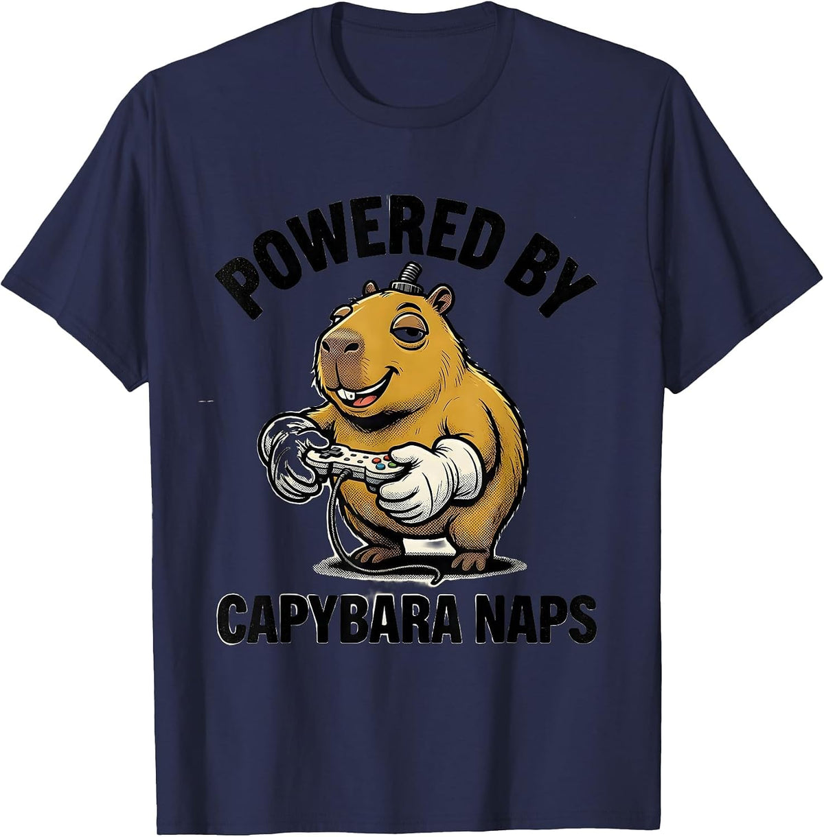 Powered By Capybara Naps Retro Cartoon Funny Gamer Meme T-Shirt - Navy Blue
