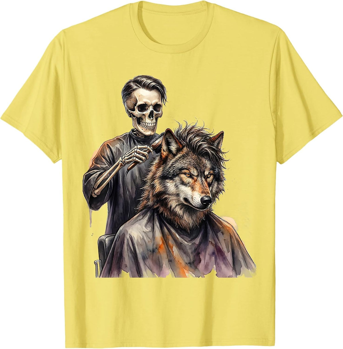 Men's Watercolor Skeleton Stylist Halloween Hair Stylist Humor T-Shirt - Lemon Yellow