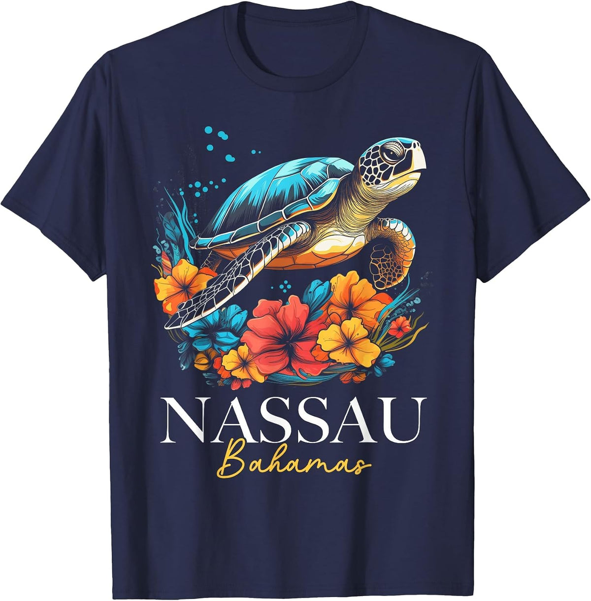 Nassau Bahamas Sea Turtle Diving Surfer Souvenir T-Shirt - Navy Blue
