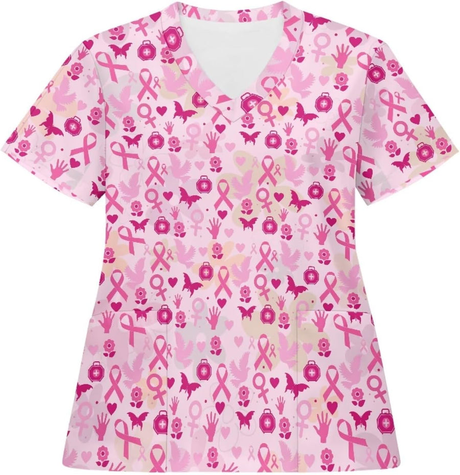 Pensura Scrubs for Women Stretchy Short Sleeve Holiday Nurse Shirt V Neck Cozy Medical Nursing Uniforms - Pink Ribbon Breast
