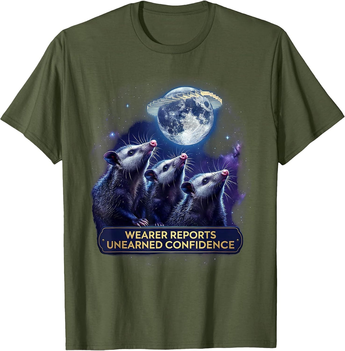 Men's Wearer Reports Unearned Confidence Cosmic Opossum Animal T-Shirt - Olive Green