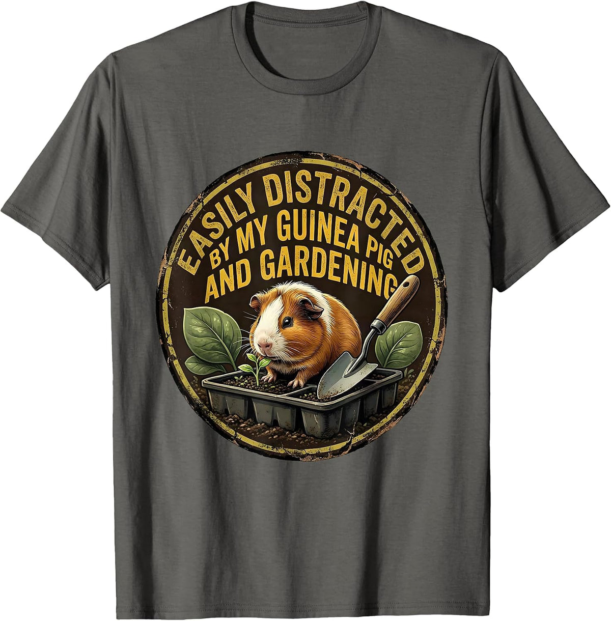 Easily Distracted By My Guinea Pig And Gardening Funny T-Shirt - Asphalt Grey