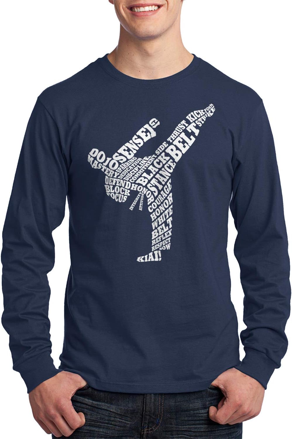 Threadrock Men's Karate Typography Long Sleeve T-Shirt - Navy
