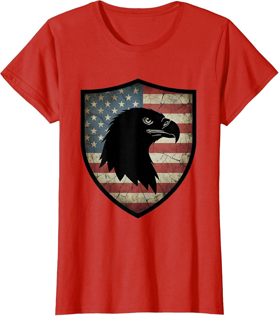 Women's Eagle Head Flag Shield American Pride Graphic T-Shirt - Red