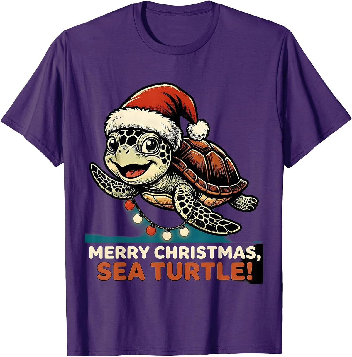 Men's Merry Christmas Sea Turtle Retro Cartoon Santa Hat Holiday T-Shirt - Purple