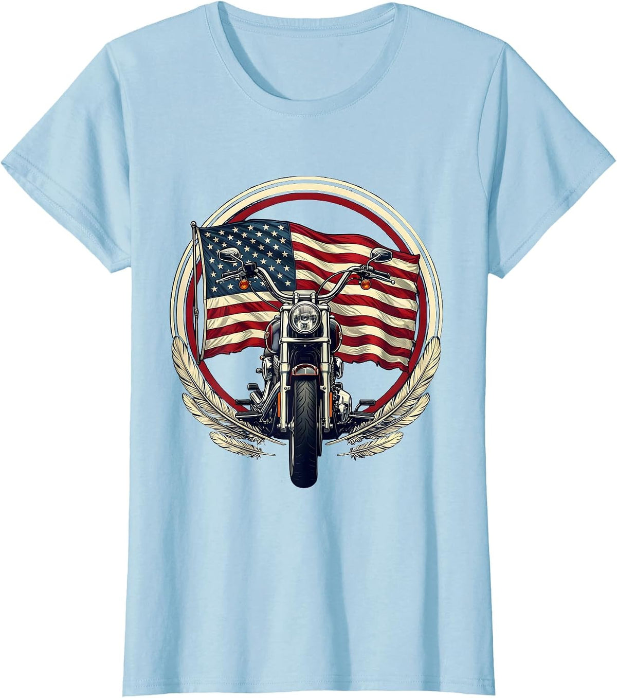 Vintage Motorcycle American Flag Patriotic Graphic T-Shirt - Baby Blue