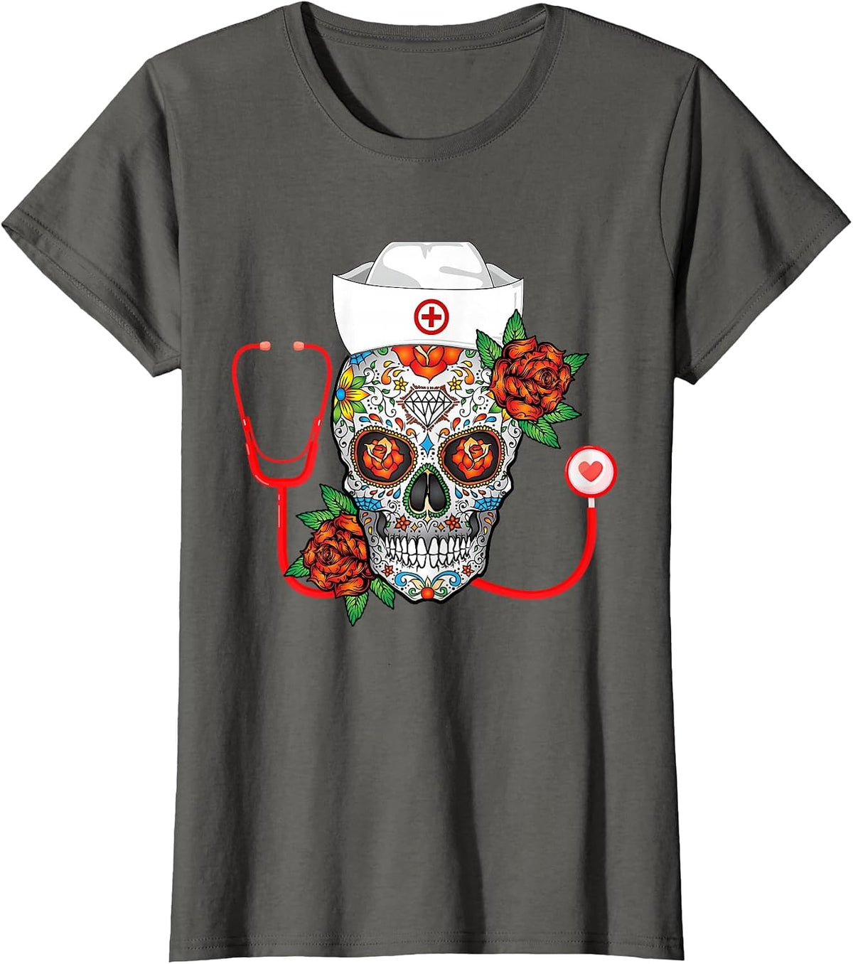 Funny Nursing Calavera Dia de Muertos Halloween Day Girls T-Shirt - Asphalt Grey
