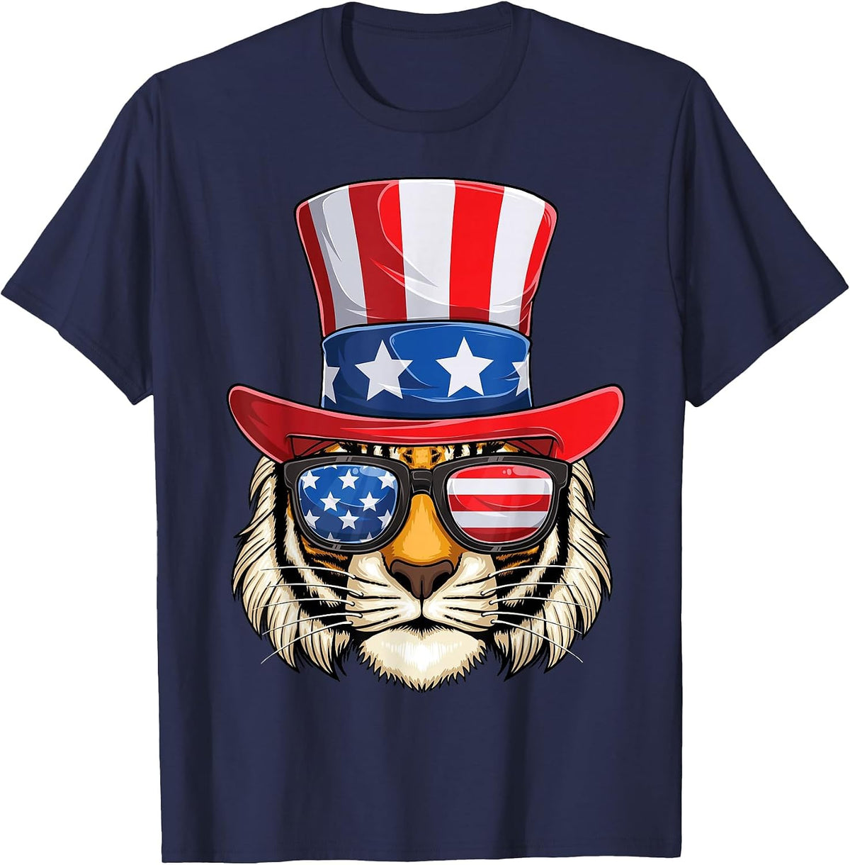 Patriotic Tiger USA American Flag Funny 4th of July Tiger T-Shirt - Navy Blue