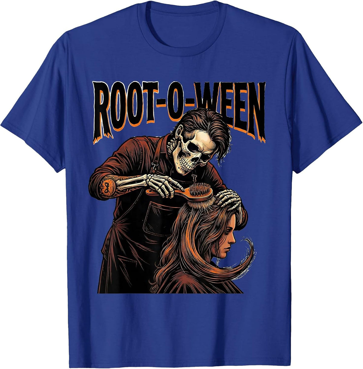 Men's Root-o-Ween Tattoo Skeleton Hairstylist Barber Halloween T-Shirt - Royal Blue
