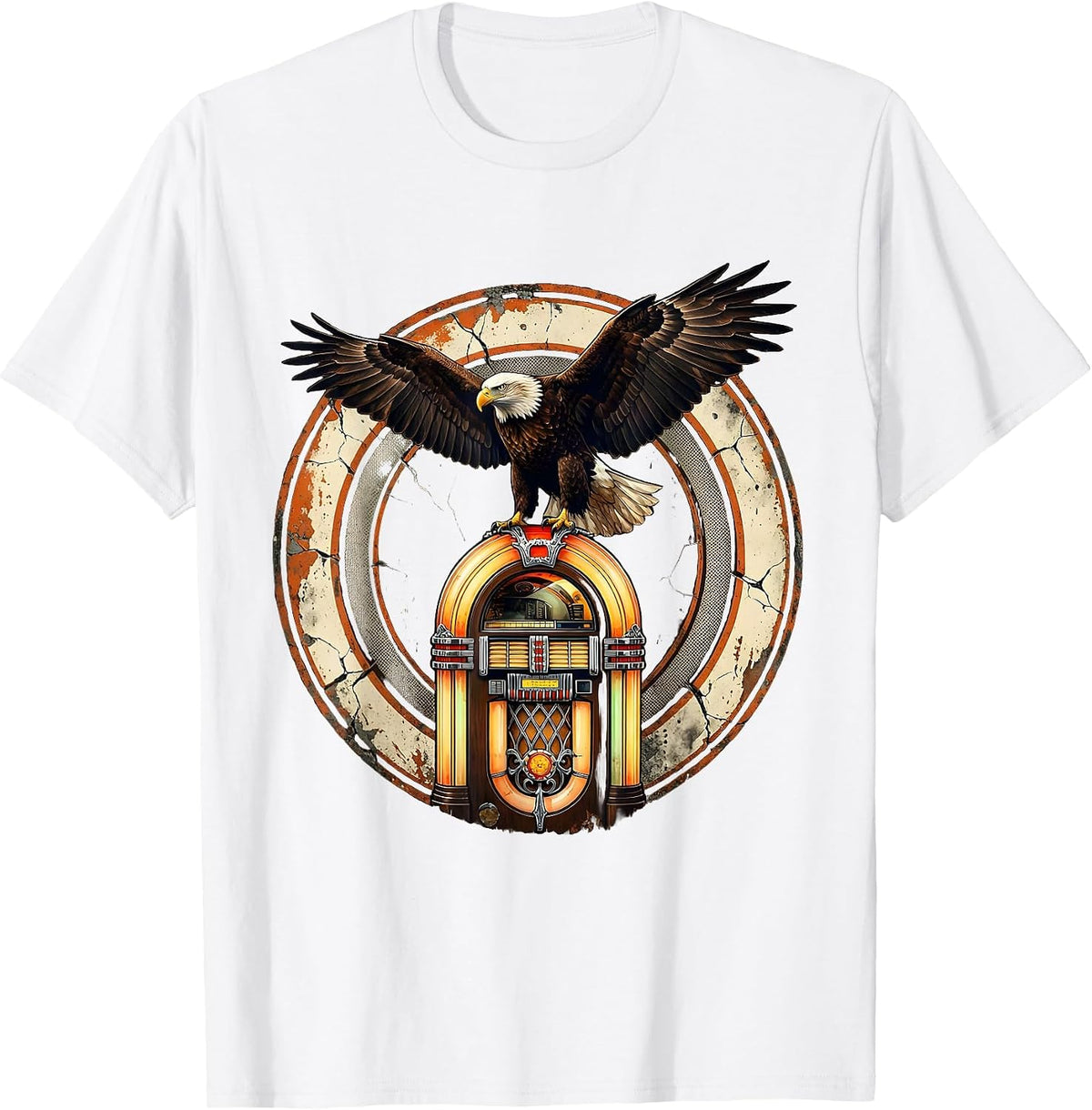 Men's Vintage 1975 Bald Eagle Jukebox Retro Design T-Shirt - White