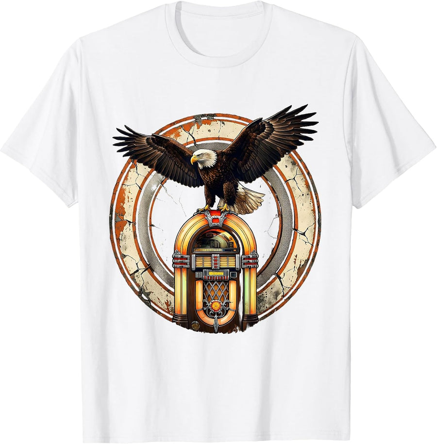 Men's Vintage 1975 Bald Eagle Jukebox Retro Design T-Shirt - White