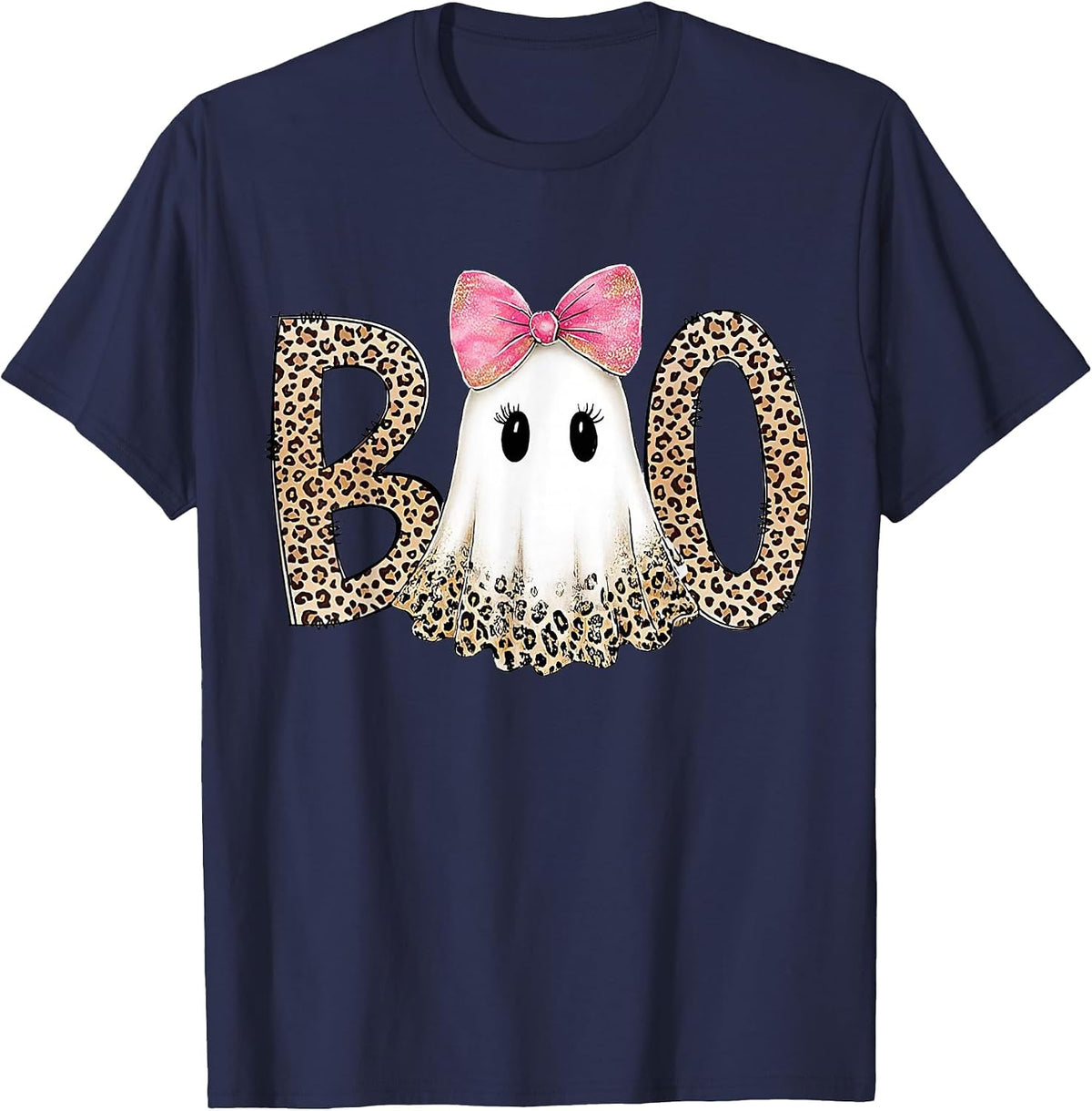 Preppy Leopard Ghost Boo Halloween T-Shirt - Navy Blue