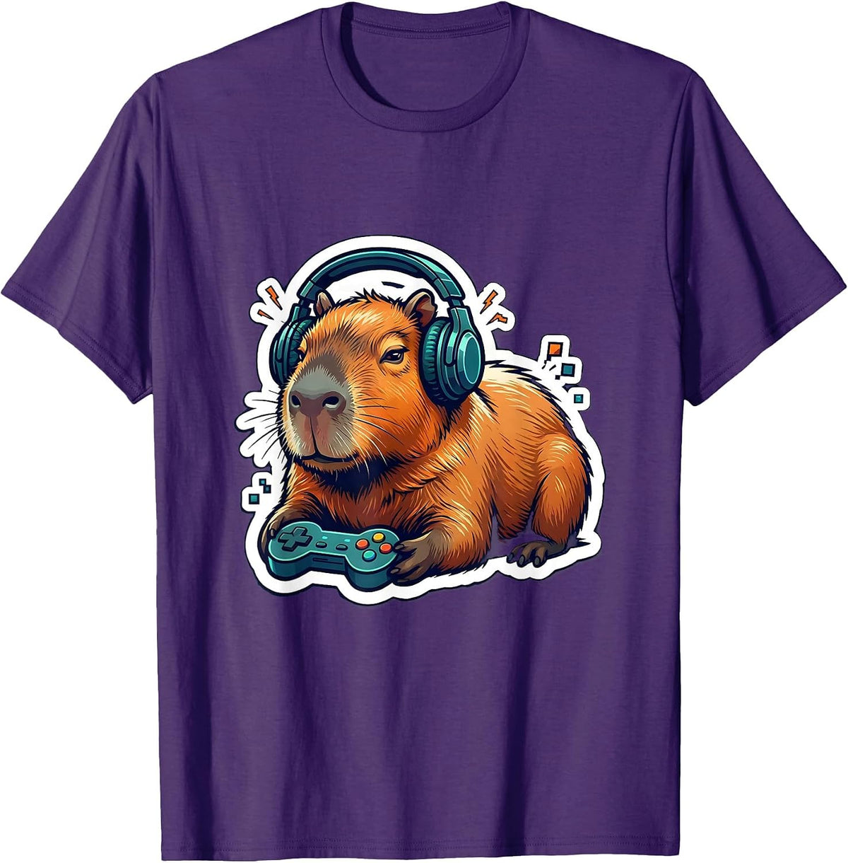 Men's Capybara Gamer Sticker Style Animal Humor T-Shirt - Purple