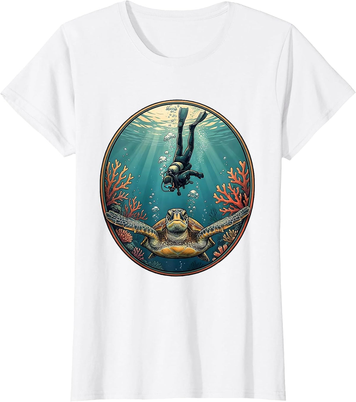 Women's Maui Diver and Sea Turtle Ocean Descent Graphic T-Shirt - White