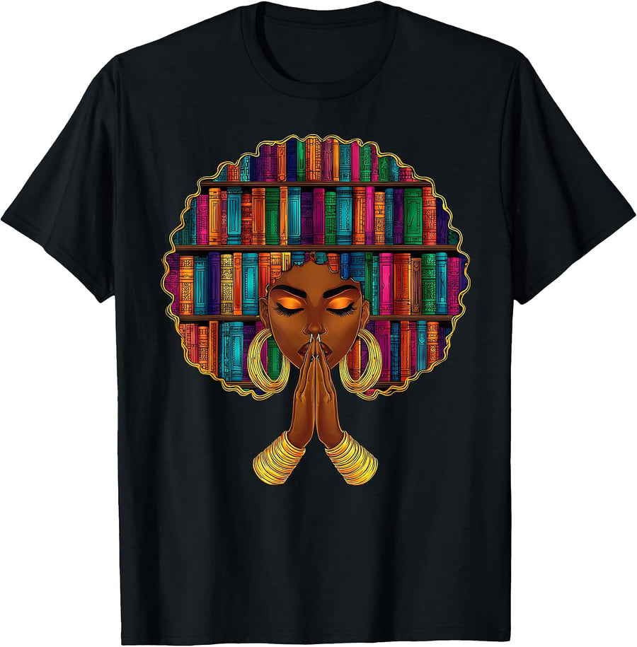 Black History Month Afro Women Book Lover Librarian Teacher T-Shirt, Men, Black, Small - As Pictured