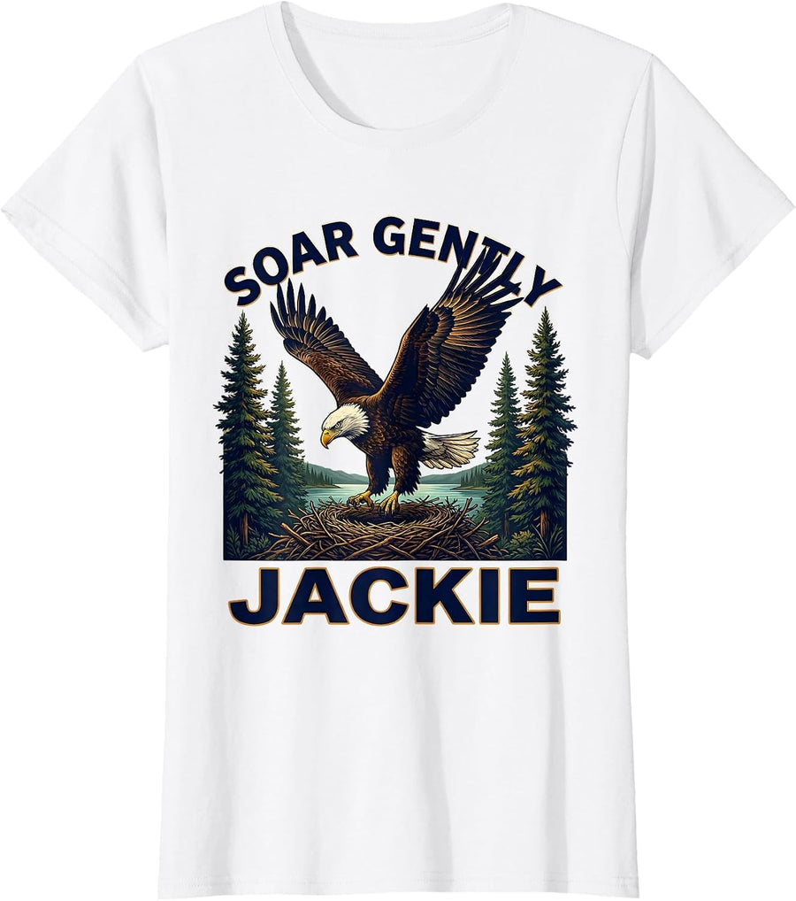 Women's Soar Gently, Jackie Vintage Eagle Memorial Tribute Big Bear T-Shirt - White