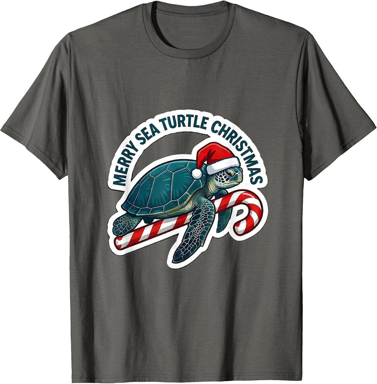 Men's Merry Sea Turtle Christmas Cute Sea Turtle Santa Hat Holiday T-Shirt - Asphalt Grey