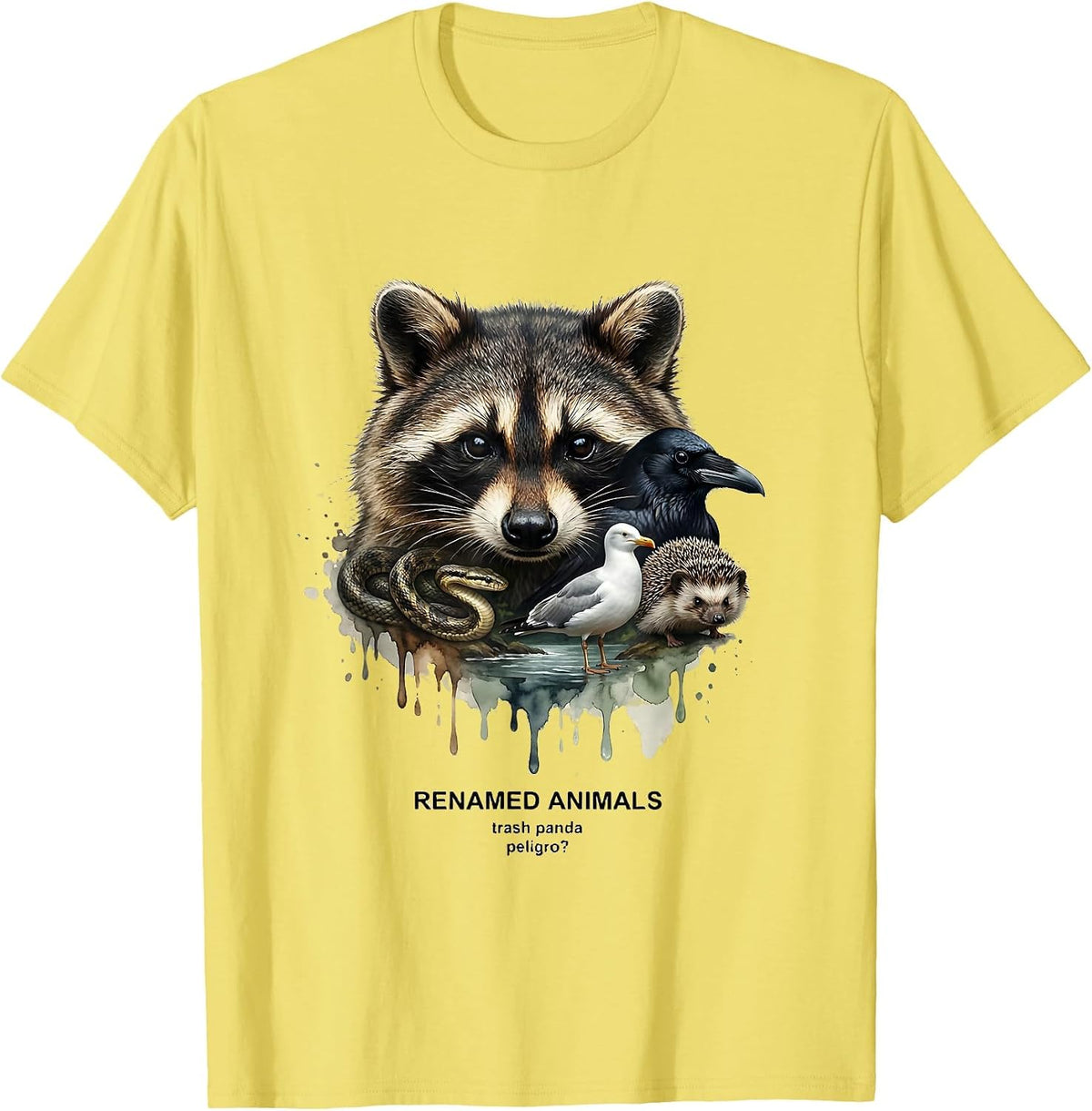 Men's RENAMED ANIMALS Trash Panda Peligro Funny Squirrel Lover T-Shirt - Lemon Yellow