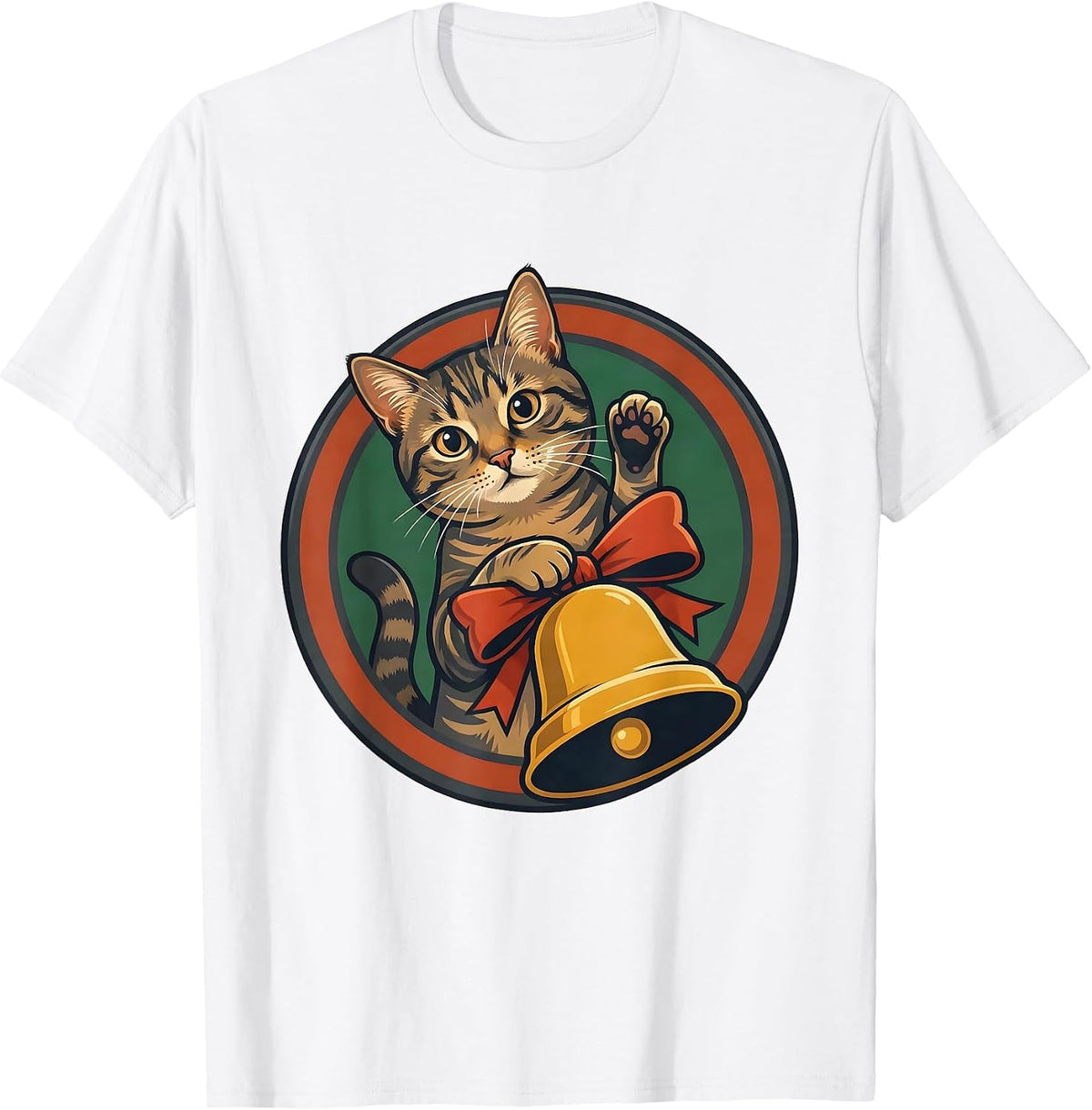 Men's Circular Badge Tabby Cat Hanging Christmas Bell Funny T-Shirt - White