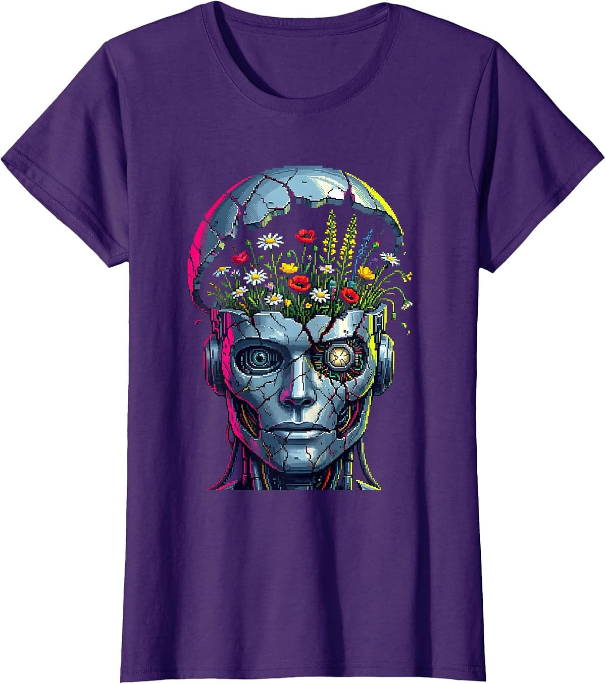 Broken Robot Wildflower Cyberpunk Graphic Design T-Shirt - Purple