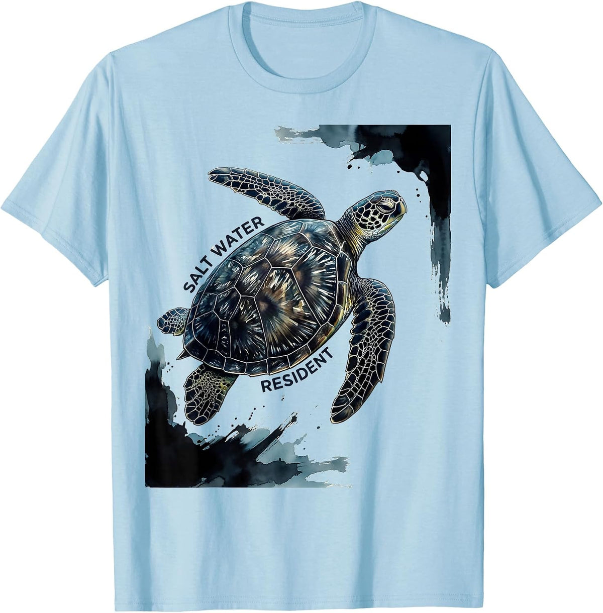 Men's Salt Water Resident Ink Brush Sea Turtle Tropical Souvenir T-Shirt - Baby Blue