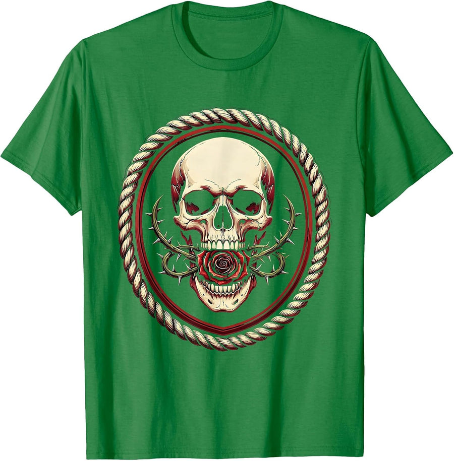 Men's Skull and Red Rose Gothic Floral Art Design T-Shirt - Kelly Green