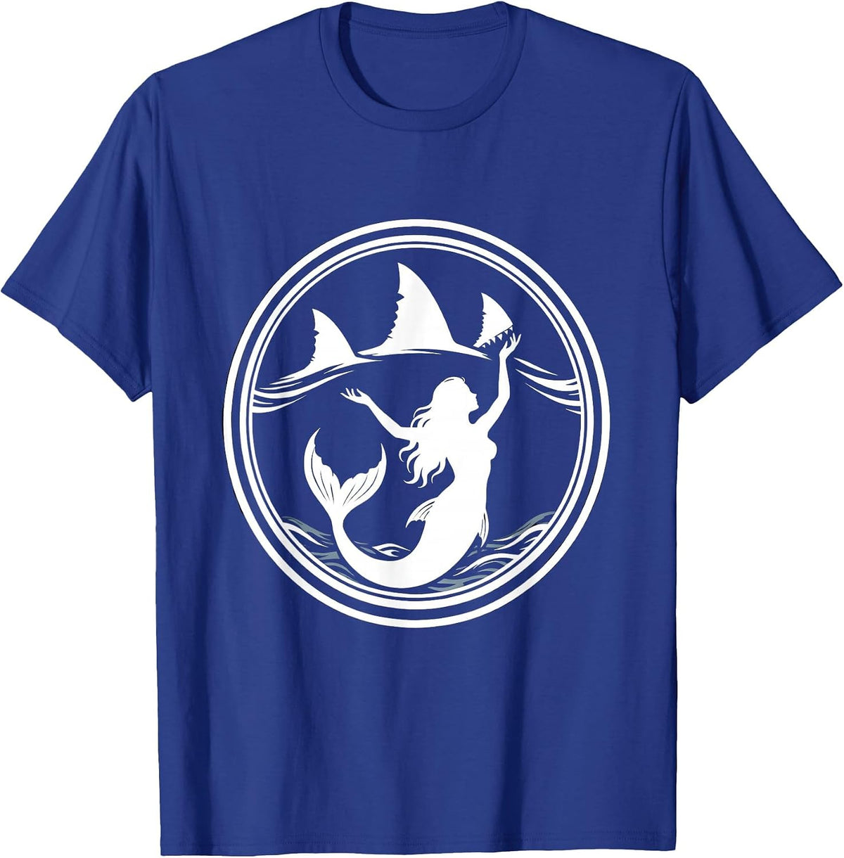 Mermaid with Circling Shark Fins Illustration T-Shirt - Royal Blue
