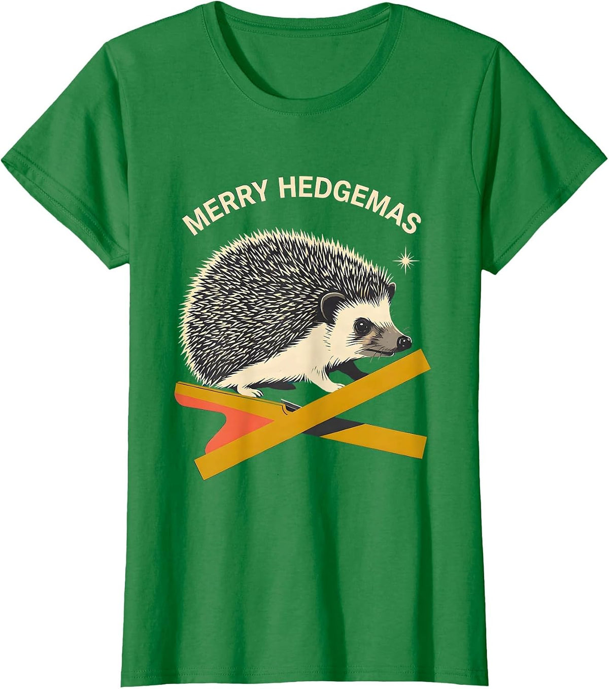 Women's Merry Hedgemas Midcentury Modern Hedgehog Christmas Humor T-Shirt - Kelly Green