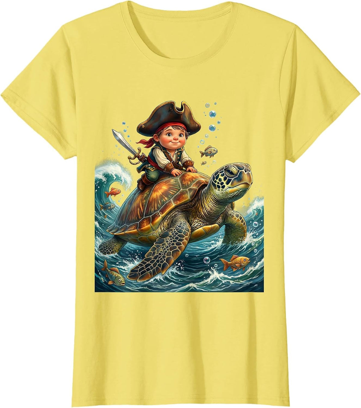 Tiny Pirate Riding a Giant Sea Turtle Kids Tee T-Shirt - Lemon Yellow